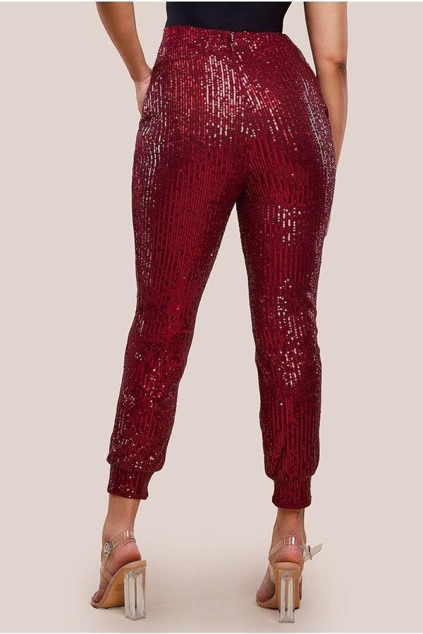 Goddiva Sequin Cuffed Ankle Trouser - Wine By Goddiva
