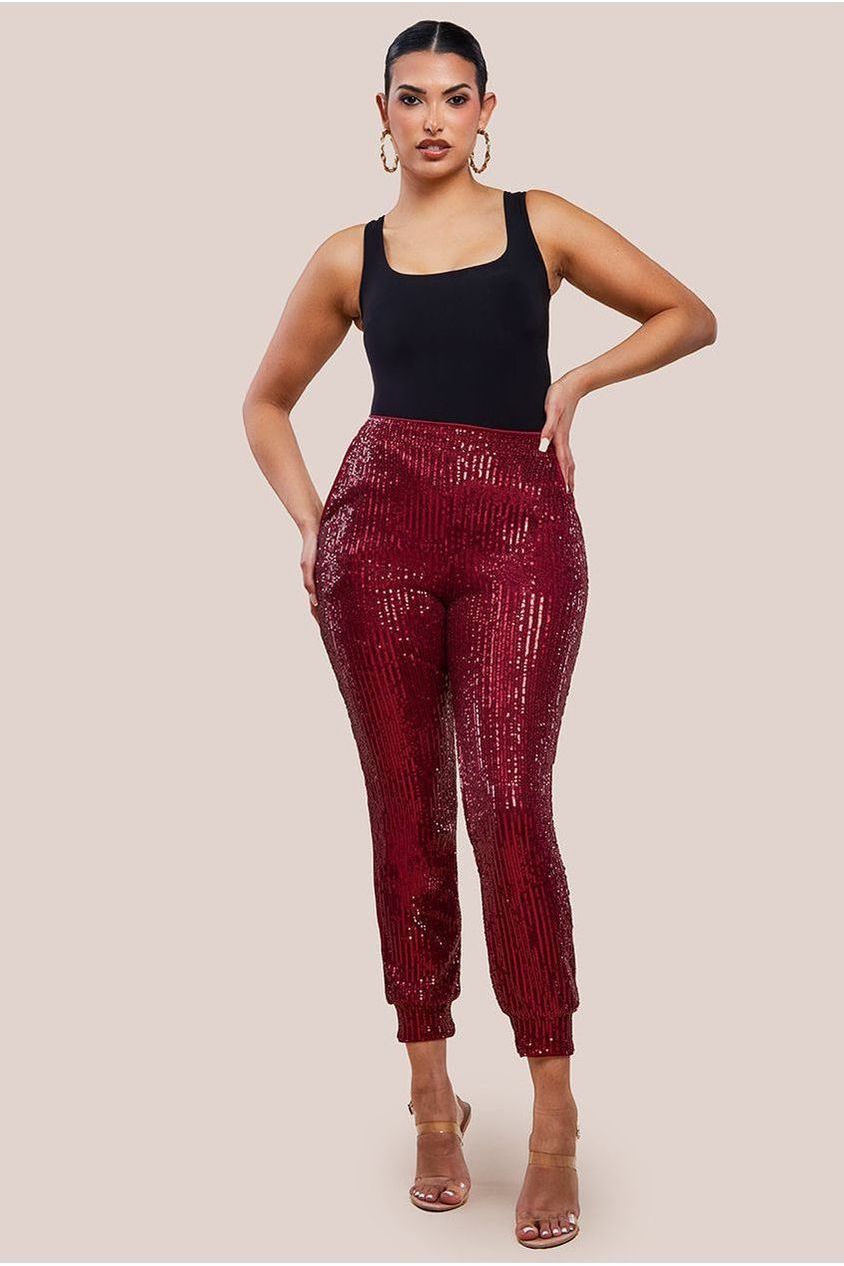 goddiva Sequin Cuffed Ankle Trouser - Wine by Goddiva
