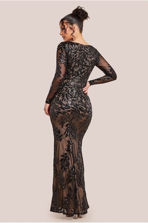 Goddiva Sequin Leaf Long Sleeve Maxi Dress - Black By Goddiva
