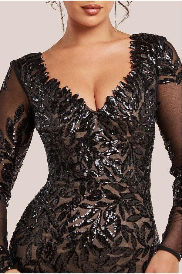 Goddiva Sequin Leaf Long Sleeve Maxi Dress - Black By Goddiva