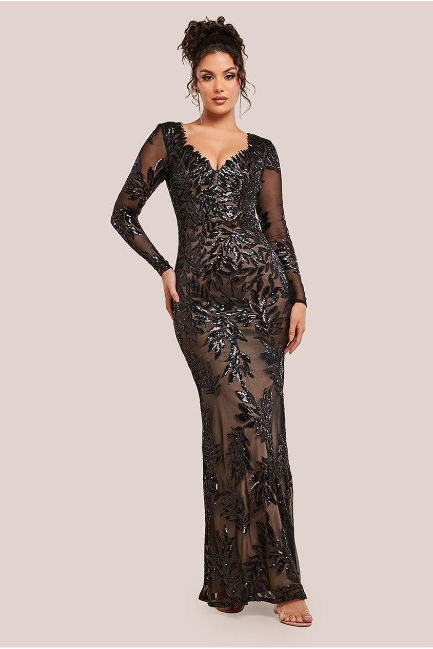goddiva Sequin Leaf Long Sleeve Maxi Dress - Black by Goddiva
