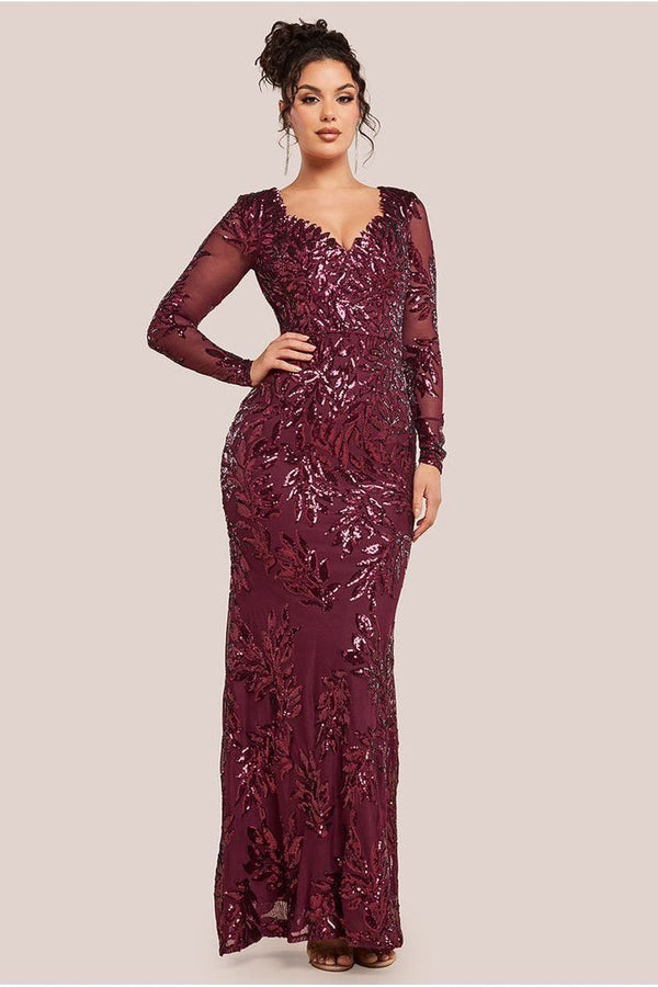 Goddiva Sequin Leaf Long Sleeve Maxi Dress - Burgundy By Goddiva