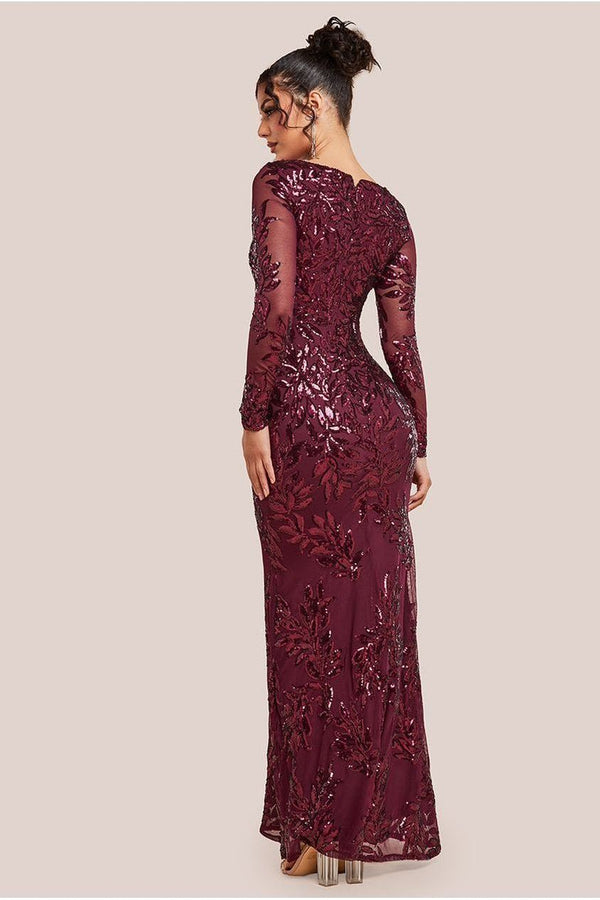 Goddiva Sequin Leaf Long Sleeve Maxi Dress - Burgundy By Goddiva