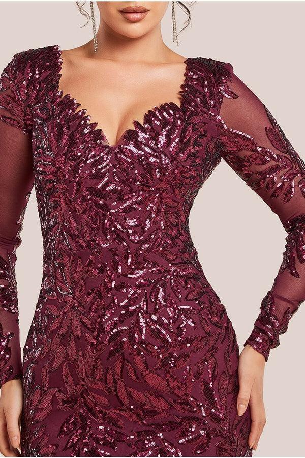 Goddiva Sequin Leaf Long Sleeve Maxi Dress - Burgundy By Goddiva