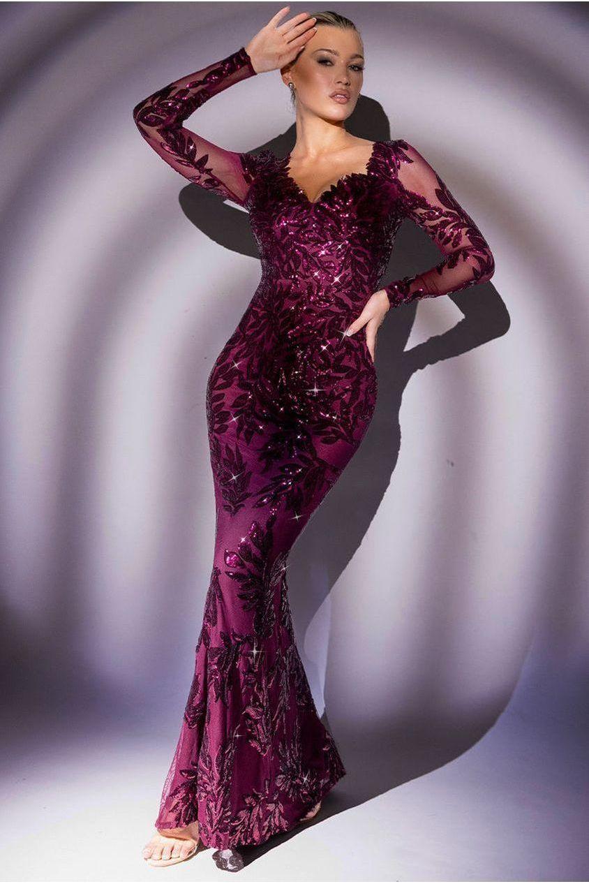 goddiva Sequin Leaf Long Sleeve Maxi Dress - Burgundy by Goddiva