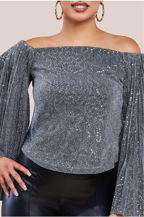 Goddiva Sequin Lurex Bardot Pleated Sleeve Top - Silver By Goddiva
