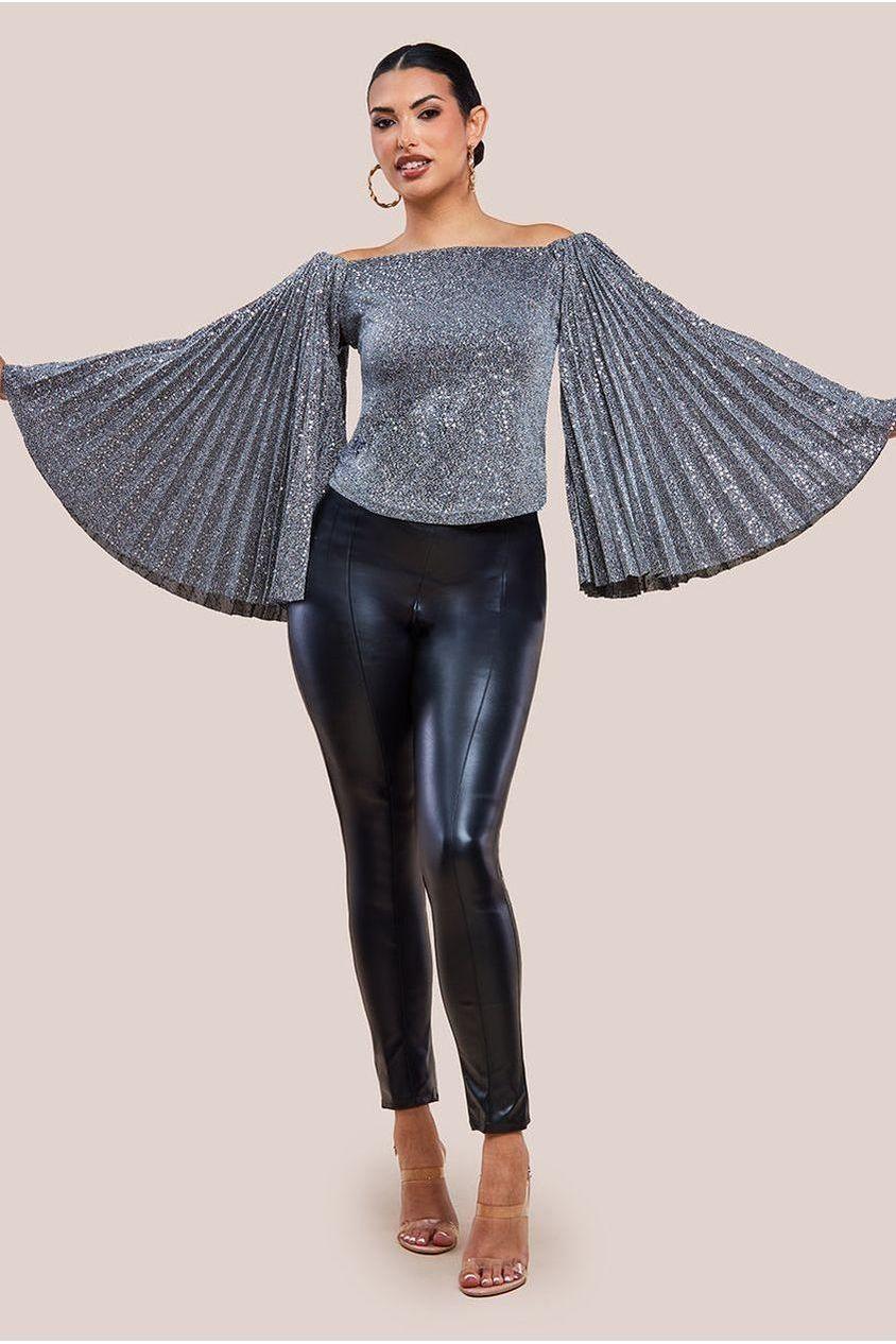 goddiva Sequin Lurex Bardot Pleated Sleeve Top - Silver by Goddiva