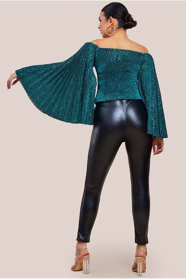 Goddiva Sequin Lurex Bardot Pleated Sleeve Top - Teal Blue By Goddiva