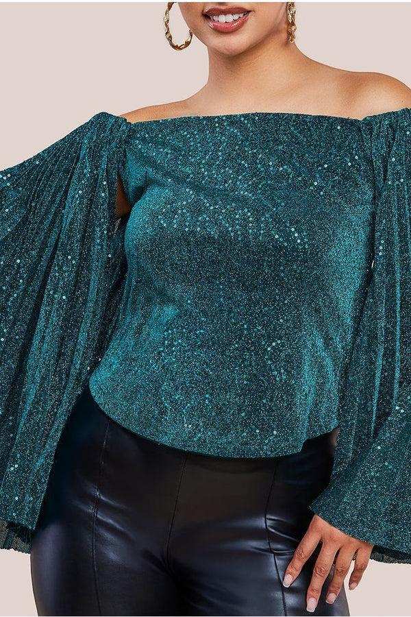 Goddiva Sequin Lurex Bardot Pleated Sleeve Top - Teal Blue By Goddiva