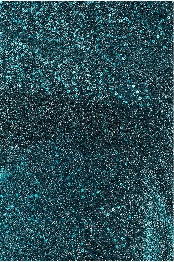 Goddiva Sequin Lurex Bardot Pleated Sleeve Top - Teal Blue By Goddiva