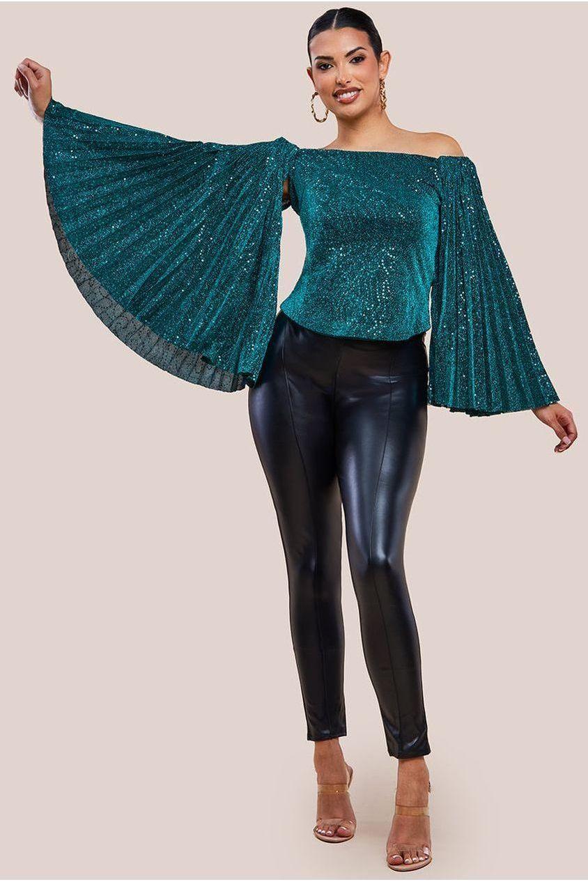 goddiva Sequin Lurex Bardot Pleated Sleeve Top - Teal Blue by Goddiva