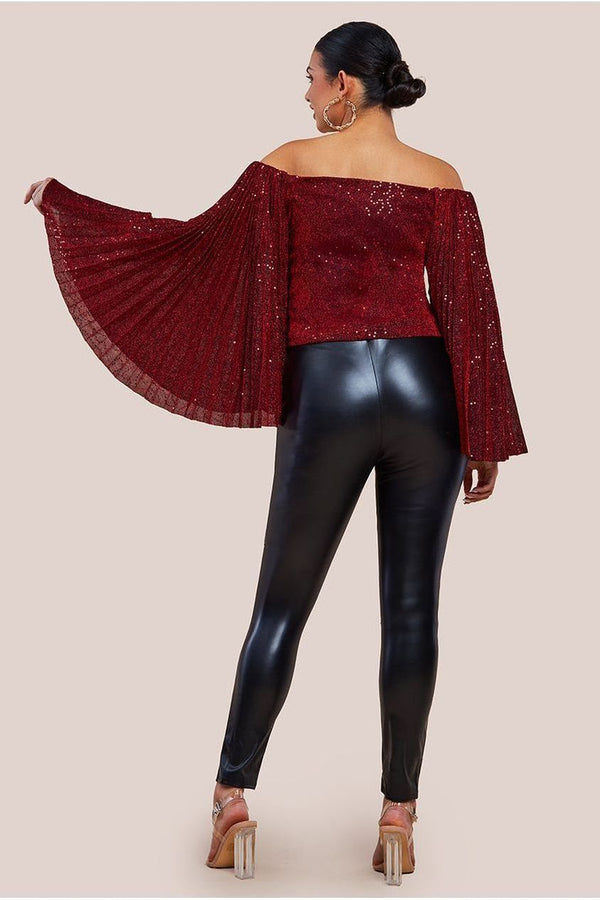 Goddiva Sequin Lurex Bardot Pleated Sleeve Top - Wine By Goddiva