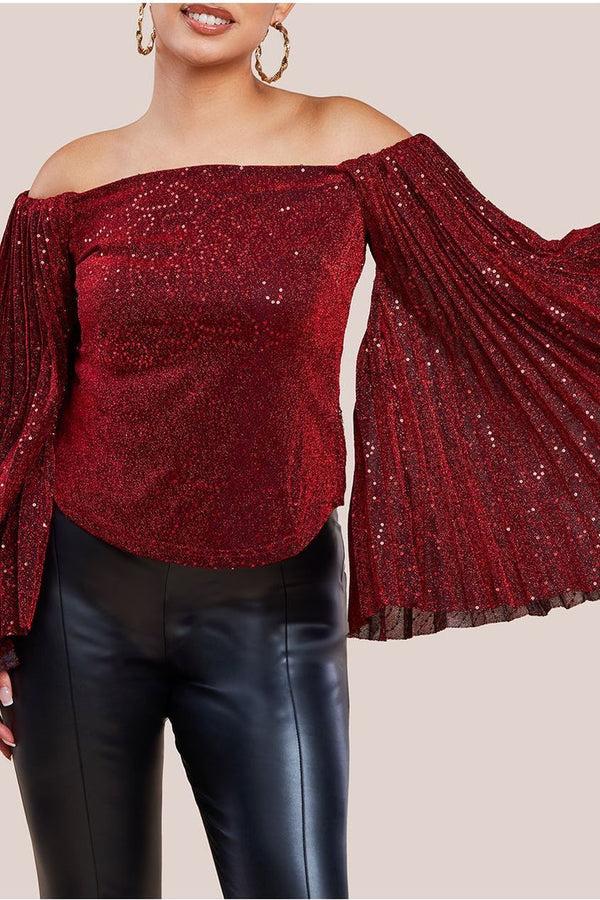 Goddiva Sequin Lurex Bardot Pleated Sleeve Top - Wine By Goddiva