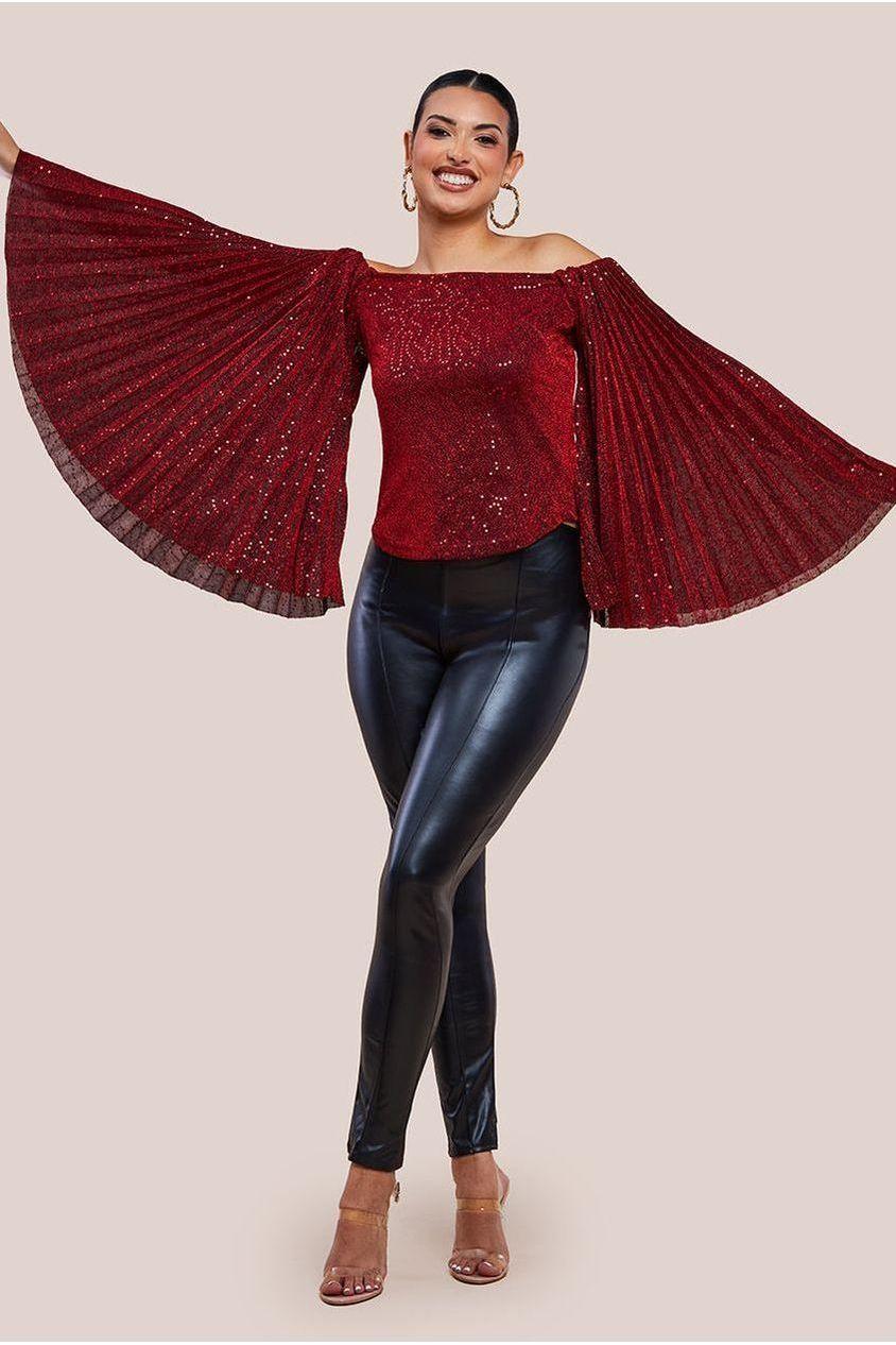 goddiva Sequin Lurex Bardot Pleated Sleeve Top - Wine by Goddiva