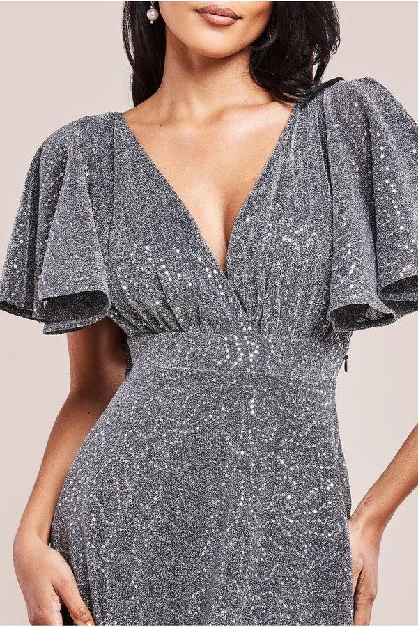 Goddiva Sequin Lurex Flutter Sleeve Maxi Dress - Silver By Goddiva