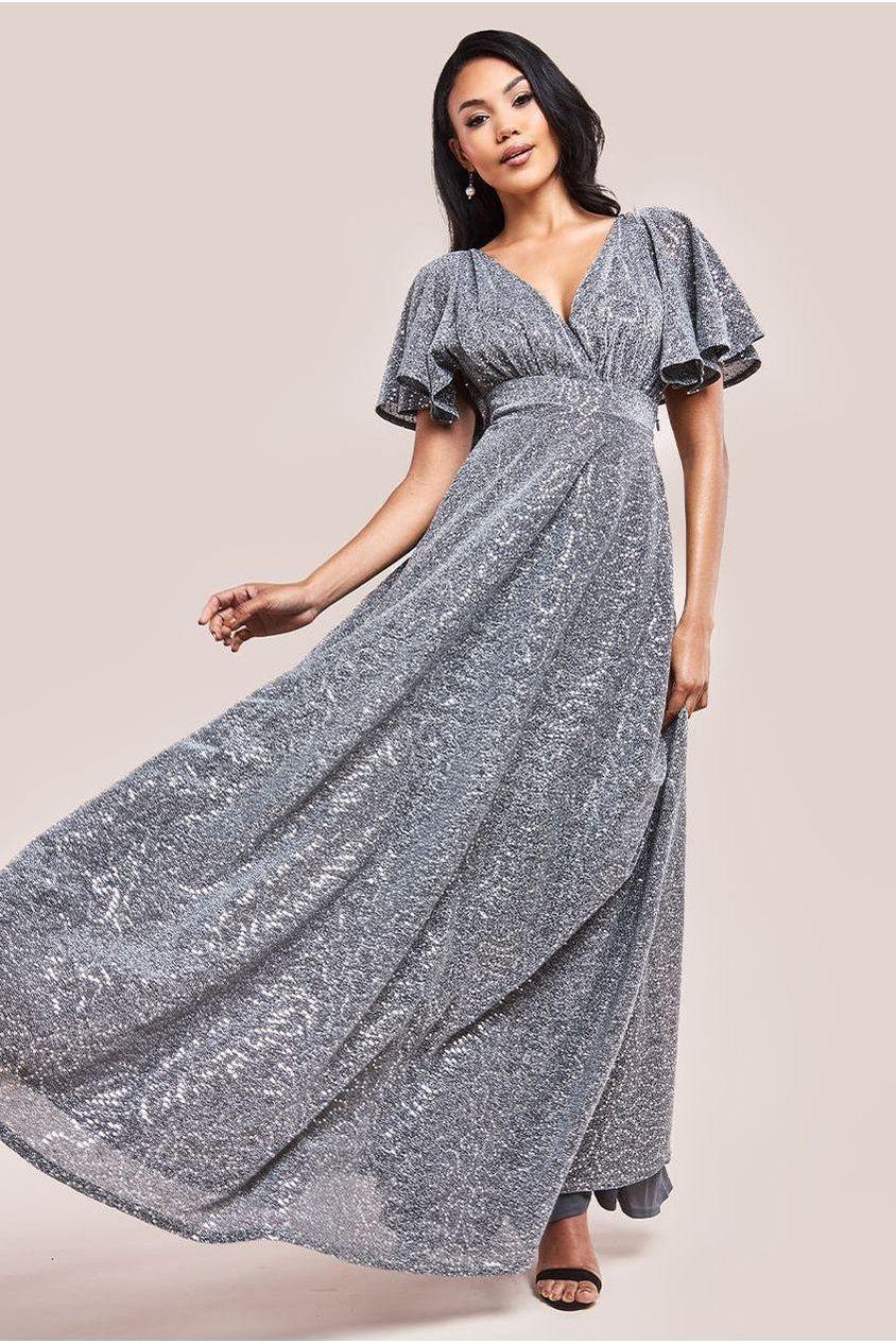 goddiva Sequin Lurex Flutter Sleeve Maxi Dress - Silver by Goddiva