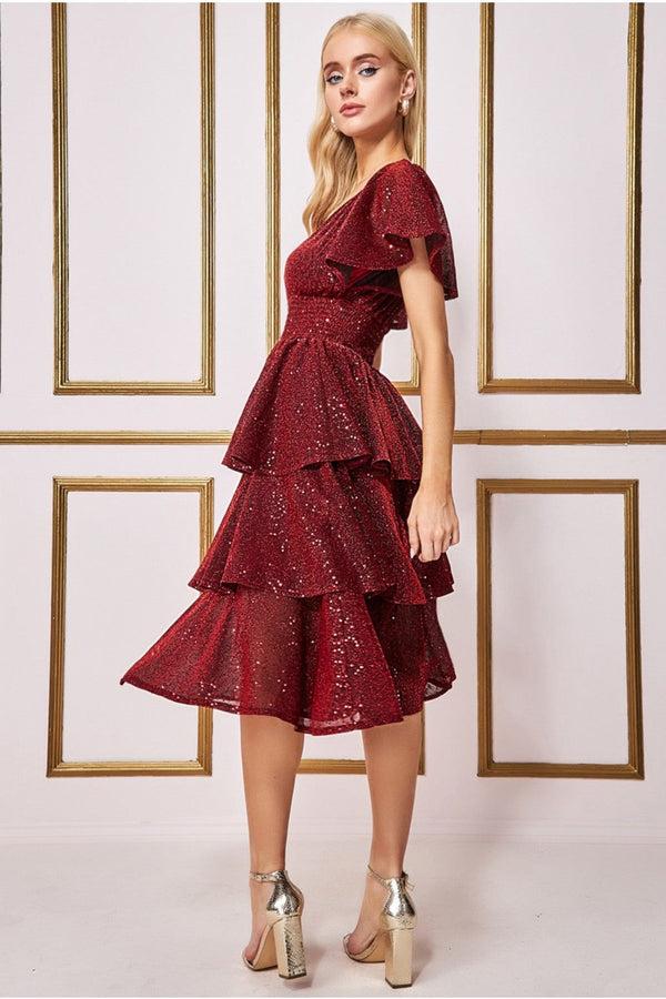 Goddiva Sequin Lurex Tiered Midi Dress - Wine By Goddiva