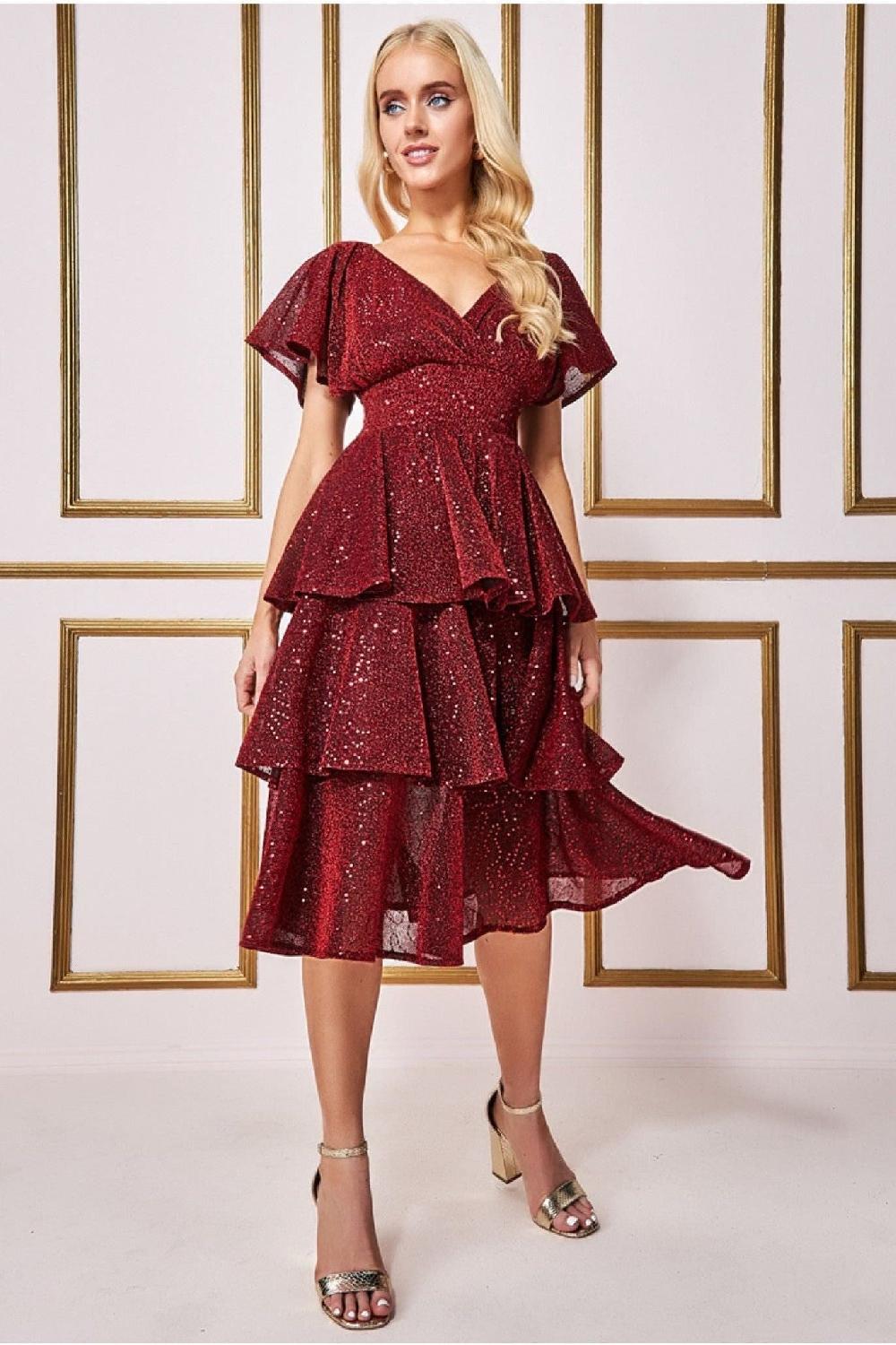 goddiva Sequin Lurex Tiered Midi Dress - Wine by Goddiva