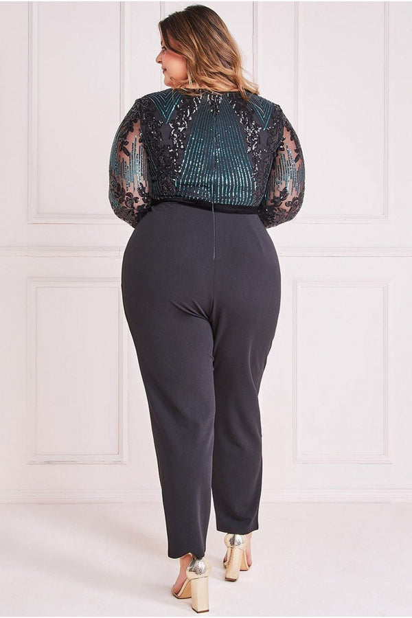 Goddiva Sequin & Mesh Jumpsuit - Emerald Green By Goddiva Plus