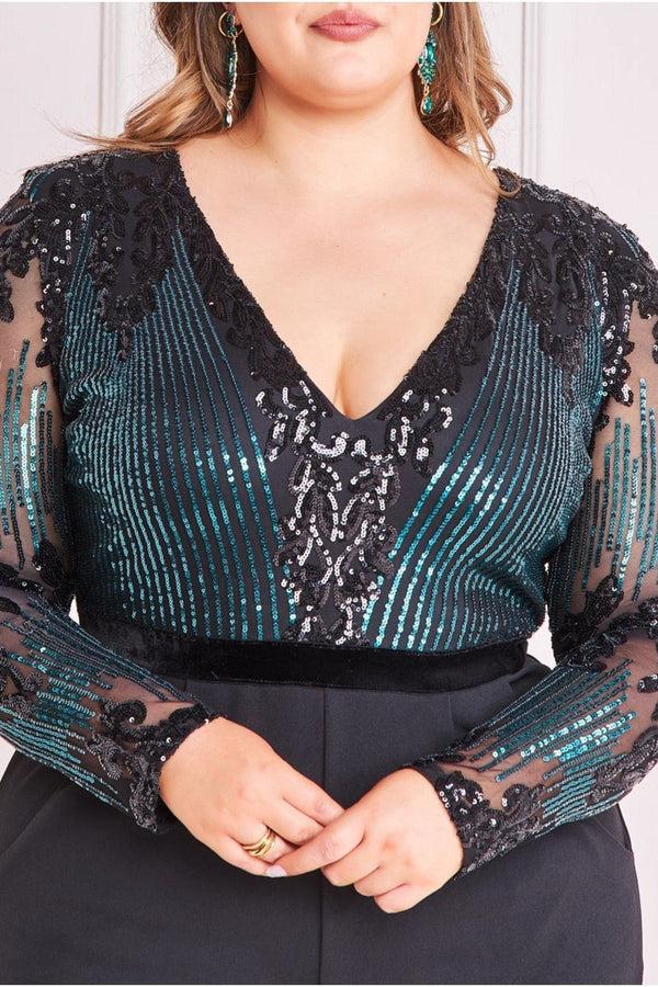 Goddiva Sequin & Mesh Jumpsuit - Emerald Green By Goddiva Plus