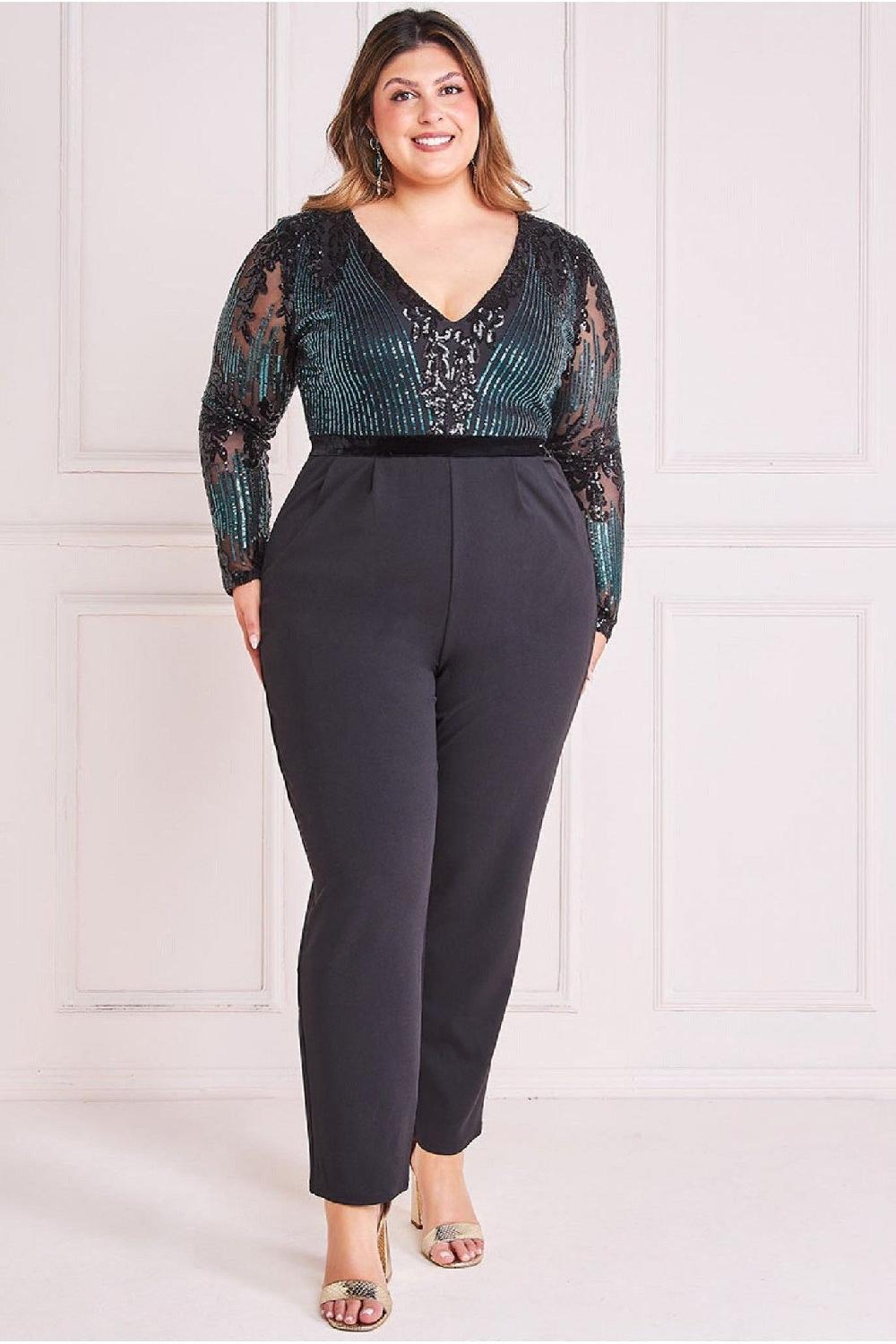 goddiva Sequin & Mesh Jumpsuit - Emerald Green by Goddiva Plus