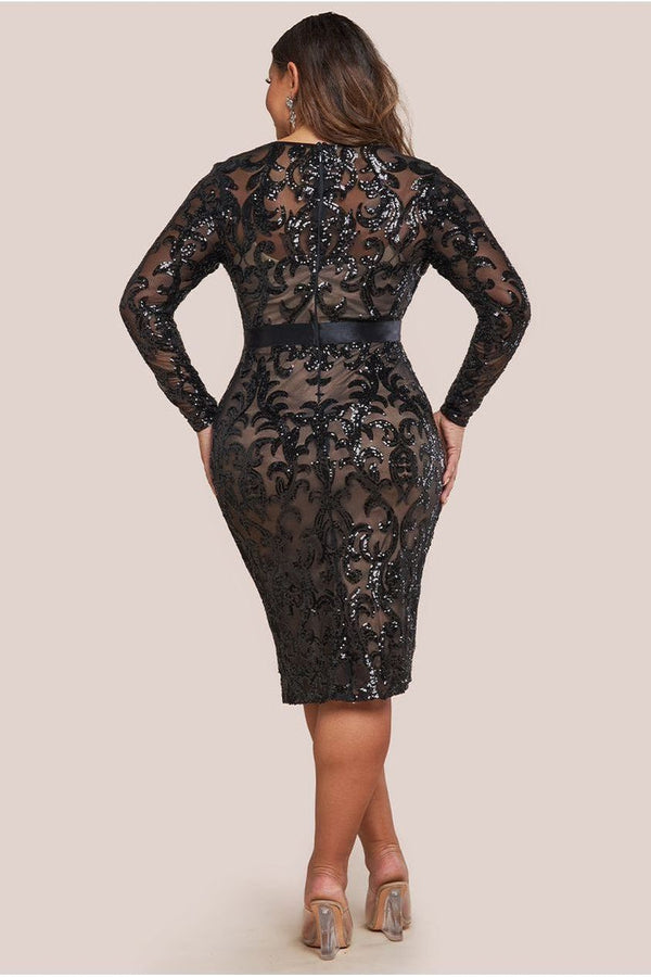 Goddiva Sequin & Mesh Midi Dress - Black By Goddiva Plus