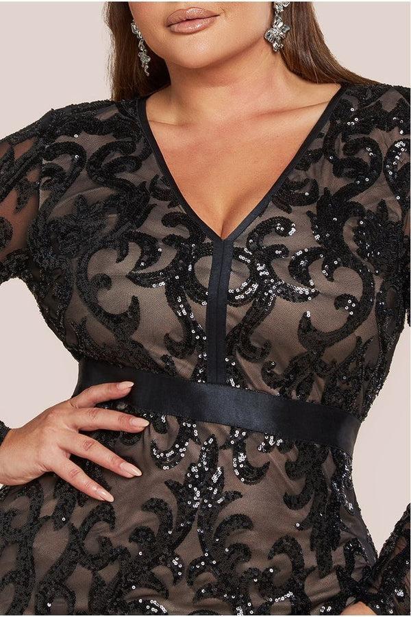 Goddiva Sequin & Mesh Midi Dress - Black By Goddiva Plus