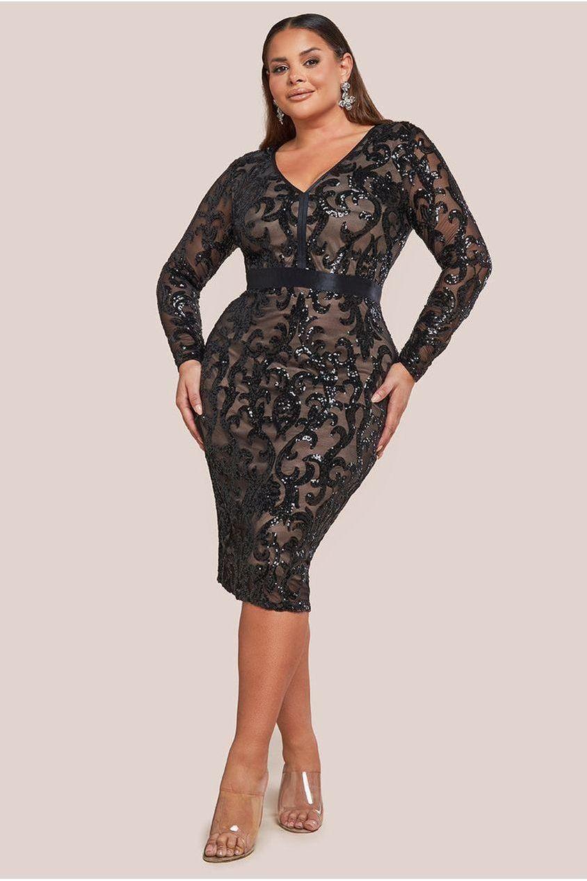 goddiva Sequin & Mesh Midi Dress - Black by Goddiva Plus