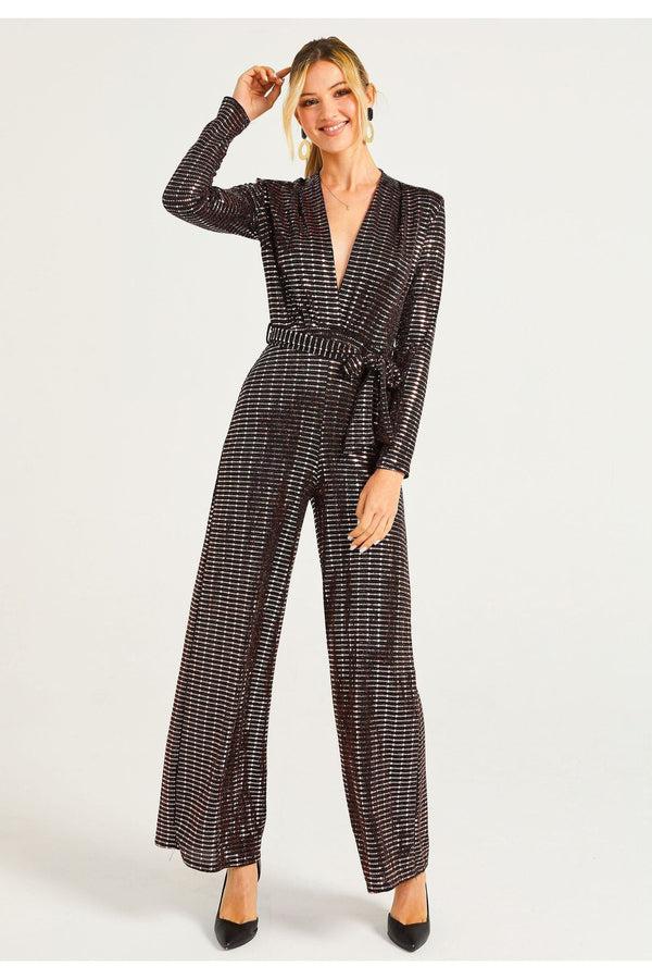 Goddiva Sequin Plunge Neck Faux Wrap Jumpsuit In Gold By Angeleye