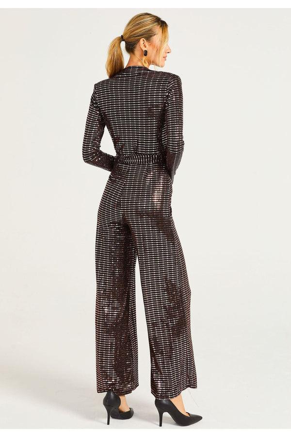 Goddiva Sequin Plunge Neck Faux Wrap Jumpsuit In Gold By Angeleye