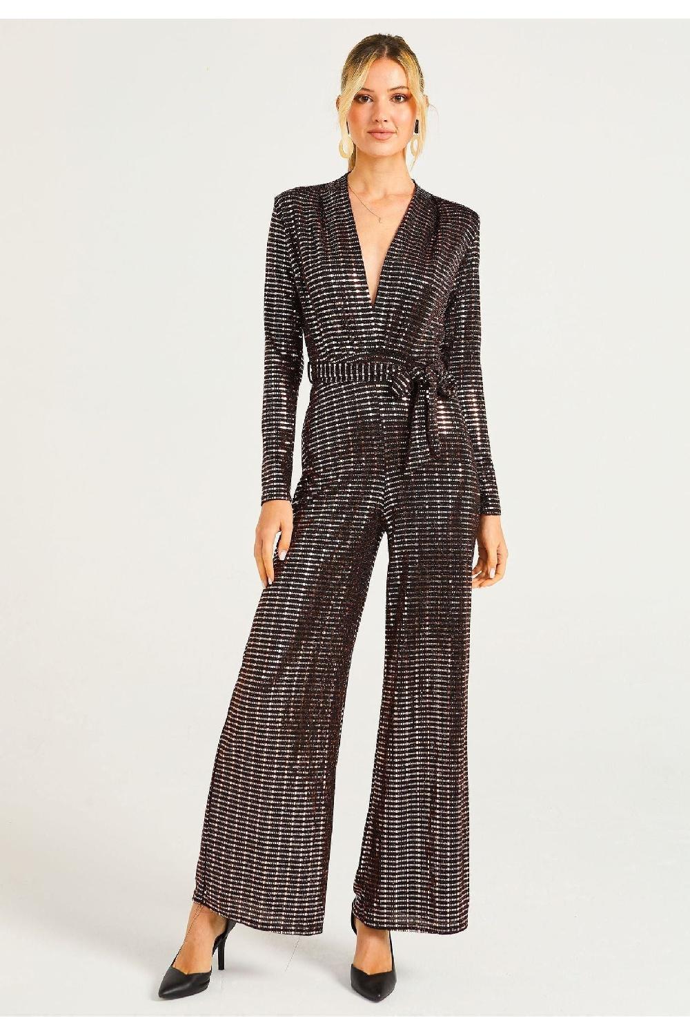 goddiva Sequin Plunge Neck Faux Wrap Jumpsuit In Gold by Angeleye