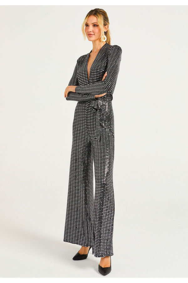 Goddiva Sequin Plunge Neck Faux Wrap Jumpsuit In Silver By Angeleye