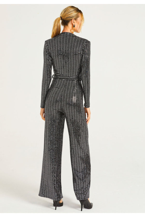 Goddiva Sequin Plunge Neck Faux Wrap Jumpsuit In Silver By Angeleye