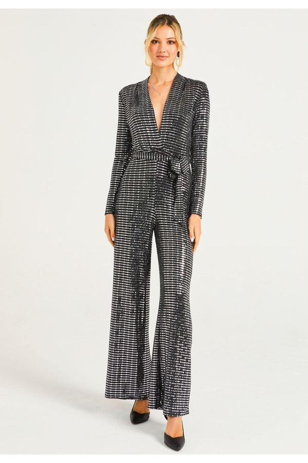 Goddiva Sequin Plunge Neck Faux Wrap Jumpsuit In Silver By Angeleye