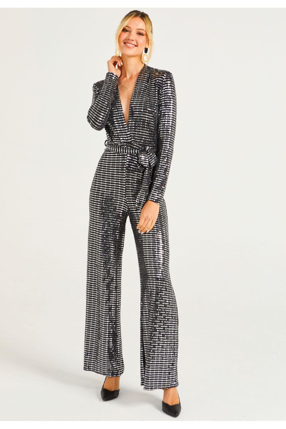 goddiva Sequin Plunge Neck Faux Wrap Jumpsuit In Silver by Angeleye