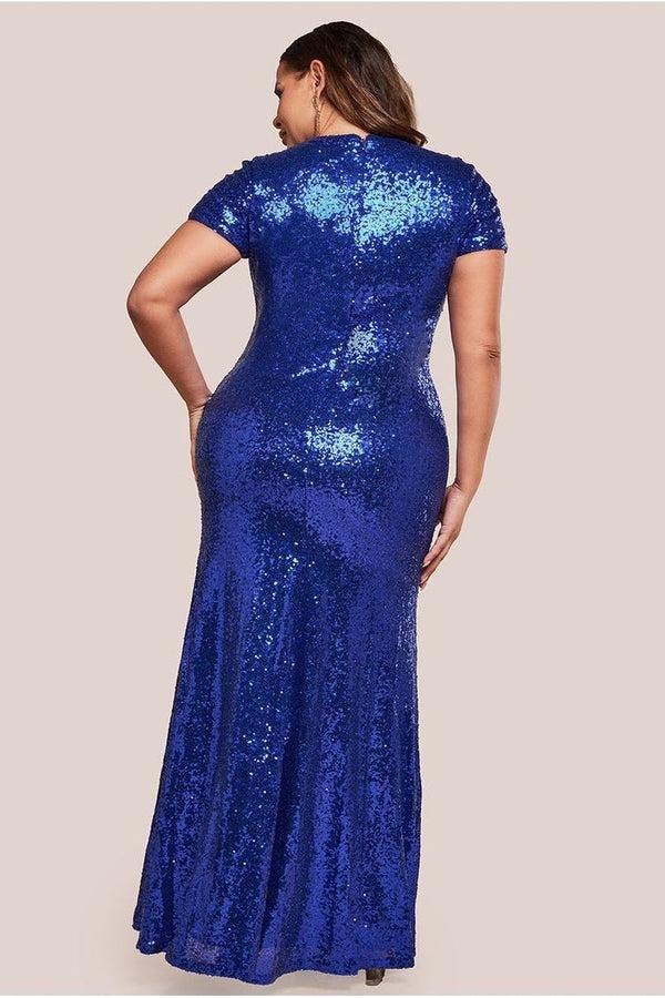 Goddiva Sequin Portrait Neckline Maxi Dress - Royal Blue By Goddiva Plus