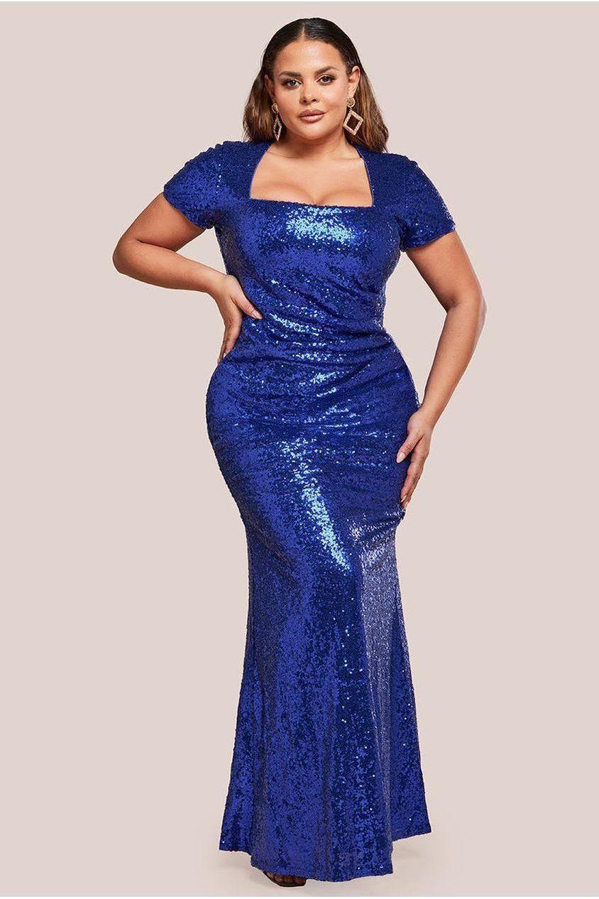 goddiva Sequin Portrait Neckline Maxi Dress - Royal Blue by Goddiva Plus