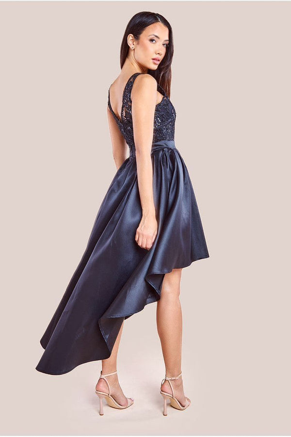 Goddiva Sequin & Satin Dipped Hem Midi Dress - Black By Goddiva