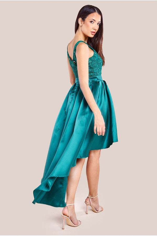 Goddiva Sequin & Satin Dipped Hem Midi Dress - Emerald By Goddiva