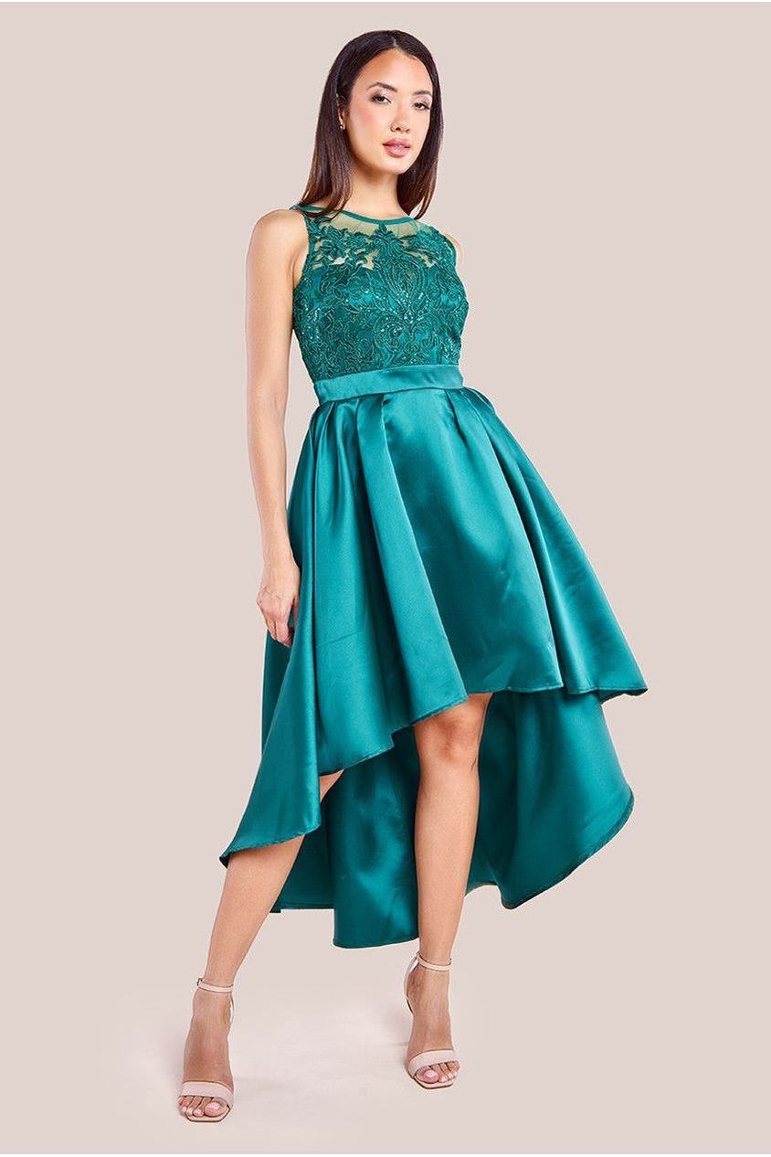 goddiva Sequin & Satin Dipped Hem Midi Dress - Emerald by Goddiva