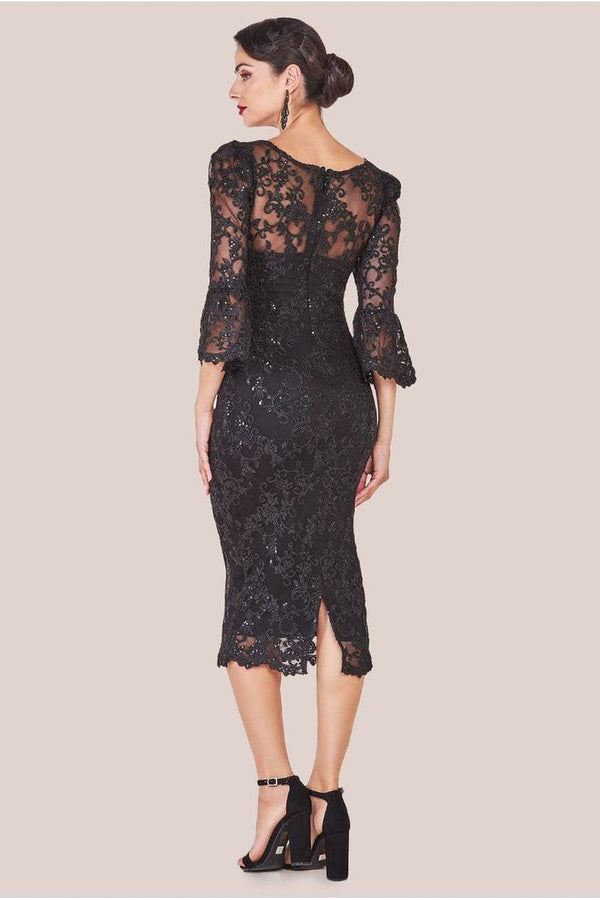 Goddiva Sequin Scallop Lace Midi Dress - Black By Goddiva