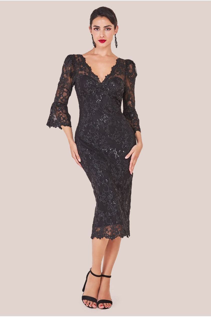 goddiva Sequin Scallop Lace Midi Dress - Black by Goddiva