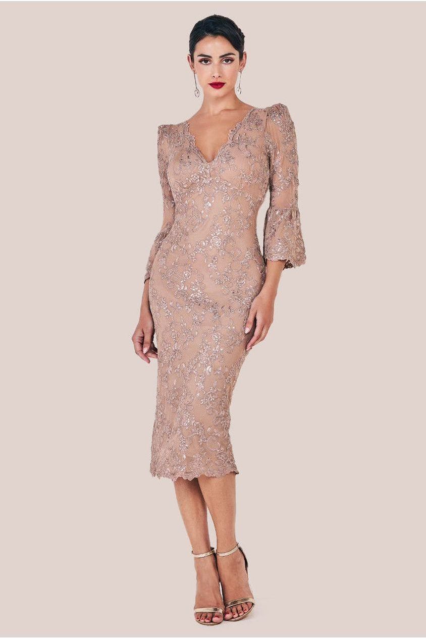 goddiva Sequin Scallop Lace Midi Dress - Champagne by Goddiva