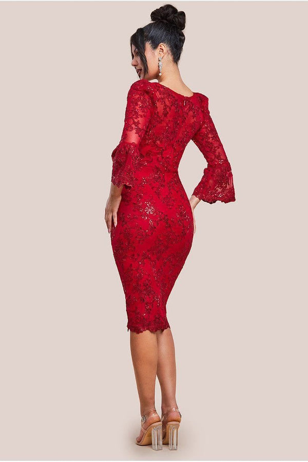 Goddiva Sequin Scallop Lace Midi Dress - Red By Goddiva