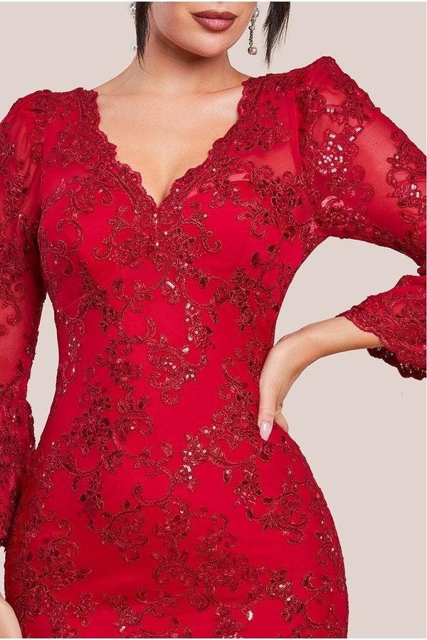 Goddiva Sequin Scallop Lace Midi Dress - Red By Goddiva