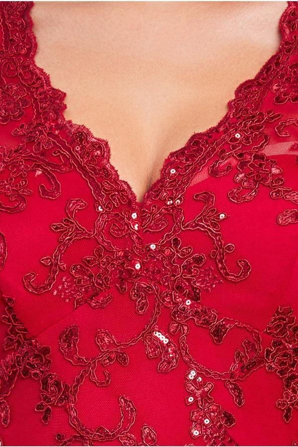 Goddiva Sequin Scallop Lace Midi Dress - Red By Goddiva