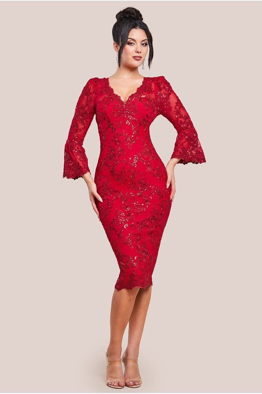 goddiva Sequin Scallop Lace Midi Dress - Red by Goddiva