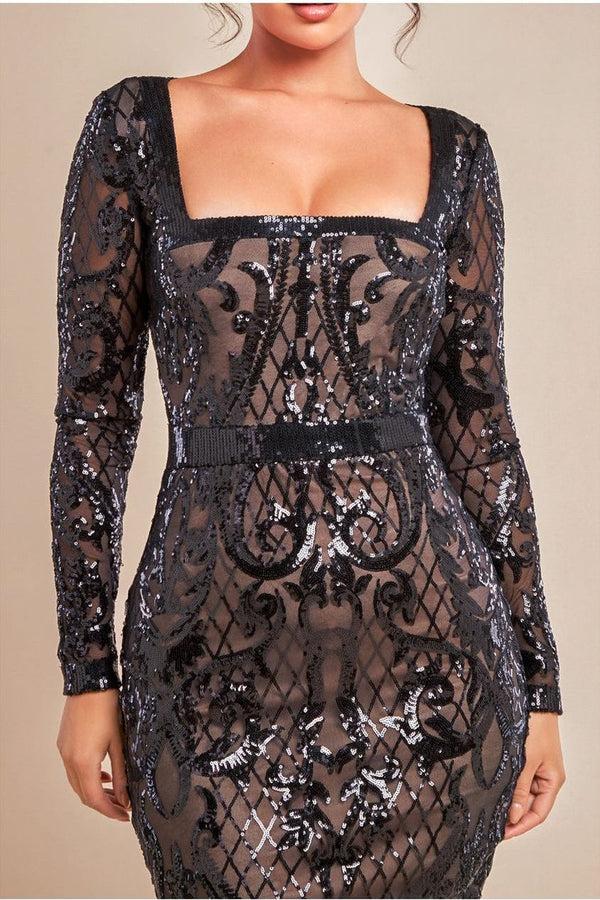 Goddiva Sequin Square Neck Bodycon Midi Dress With Scalloped Hem - Black By Goddiva