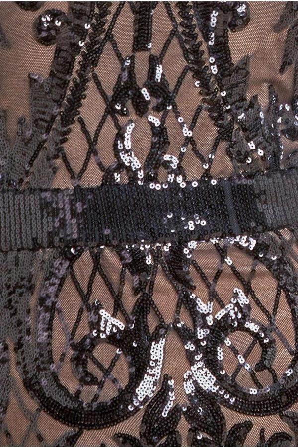 Goddiva Sequin Square Neck Bodycon Midi Dress With Scalloped Hem - Black By Goddiva