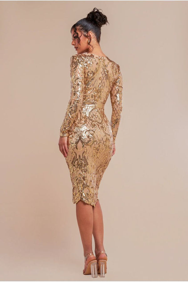 Goddiva Sequin Square Neck Bodycon Midi Dress With Scalloped Hem - Gold By Goddiva